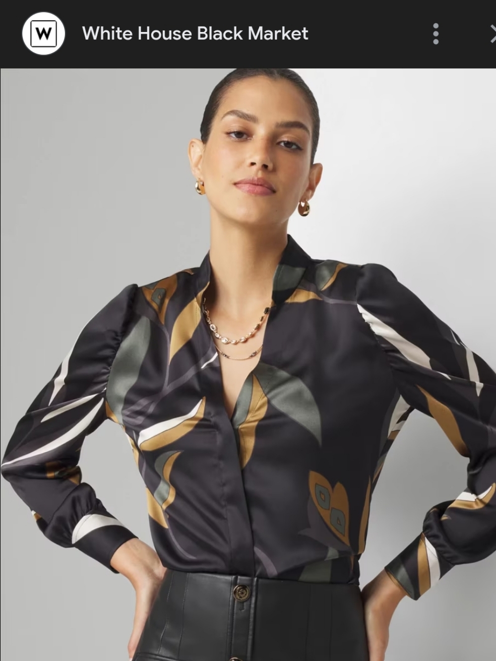 White House Black Market Black Satin Floral-Print Blouse Y-Neck Ruched Shoulder